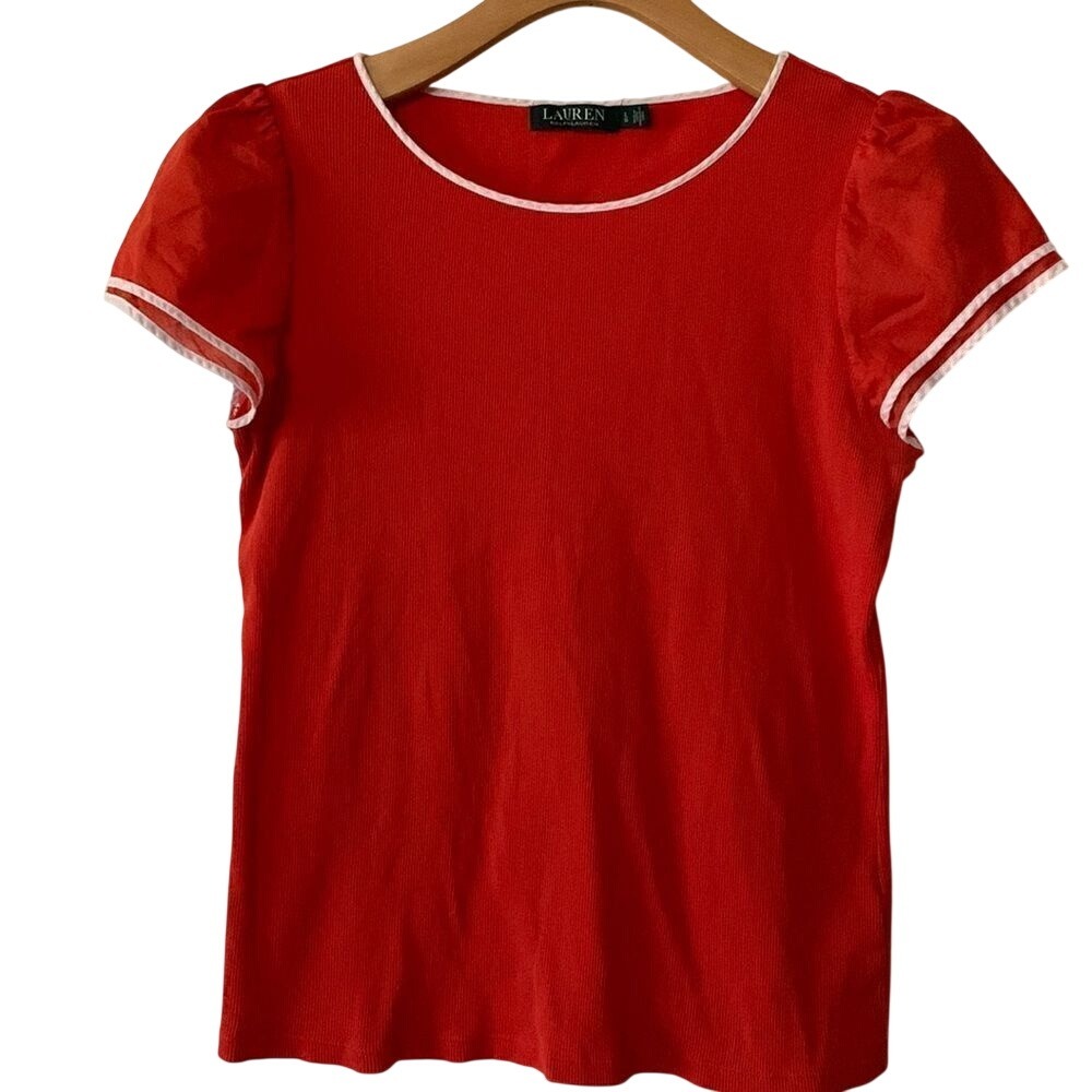 Lauren Ralph Lauren Coral & White Pinstripe Ruffle Puff Sleeve‎ Tee Size Large